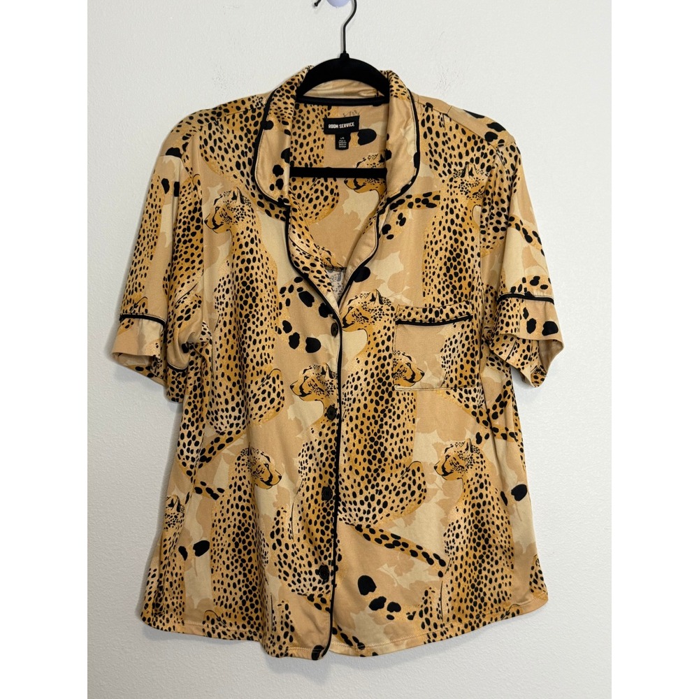 Room Service Women's Cheetah Print Pajama Set Tan Black Short Sleeve Large